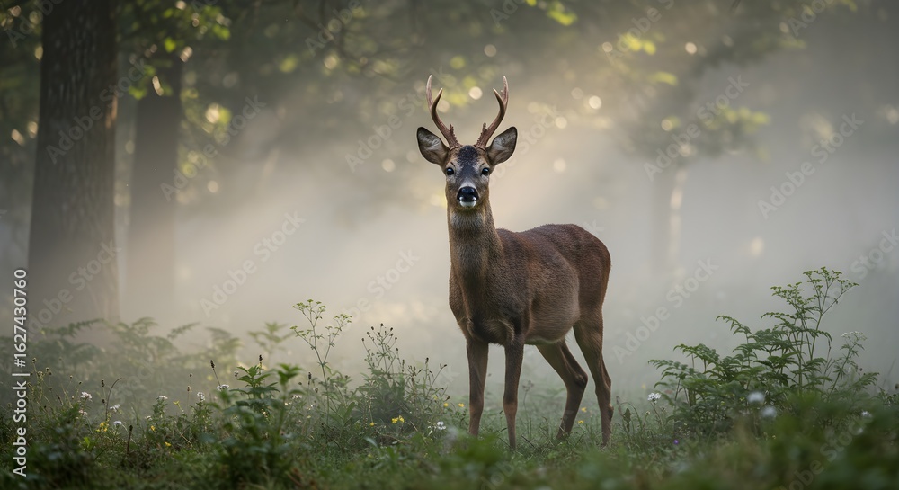 Deer in misty forest Deer in misty forest
