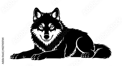 majestic wolf silhouette: a striking black and white vector illustration of a recumbent canine, isolated on a transparent background, ideal for logos, prints, and digital designs.