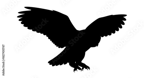 majestic owl silhouette: a side profile of a great horned owl in flight, isolated on a transparent background, perfect for logos, designs, and illustrations.