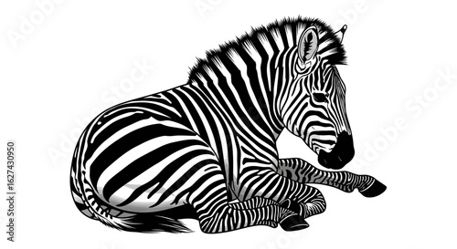 side profile of a resting zebra, isolated on transparent background: a striking black and white vector illustration