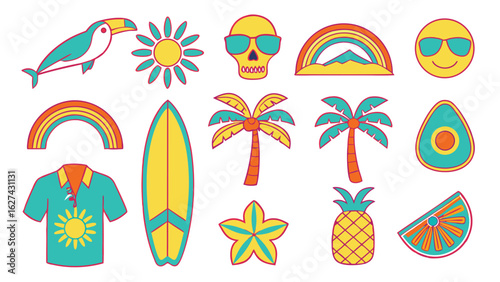Tropical summer icons toucan surfboard pineapple skull