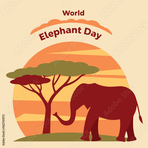 Red elephant stands near a tree against colorful sun for world elephant day