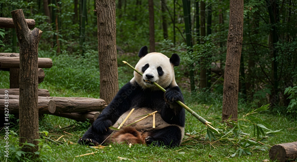 Obraz premium Giant panda eating bamboo in forest