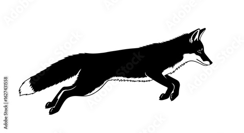 side profile of a leaping fox, isolated on a transparent background: a bold black and white vector illustration for design projects