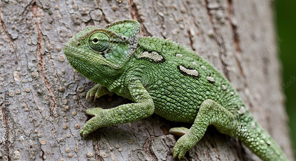 Obraz premium Green chameleon on tree bark