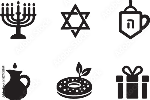 Hanukkah icons menorah Star David dreidel jug sufganiyah gift celebrate holiday traditions