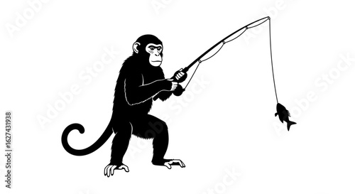 side profile of a chimpanzee angler, a striking black and white vector illustration isolated on a transparent background, skillfully holding a fishing rod with a caught fish