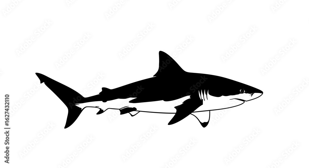 Fototapeta premium side profile of a powerful shark silhouette, isolated on transparent background: a bold vector graphic for aquatic designs