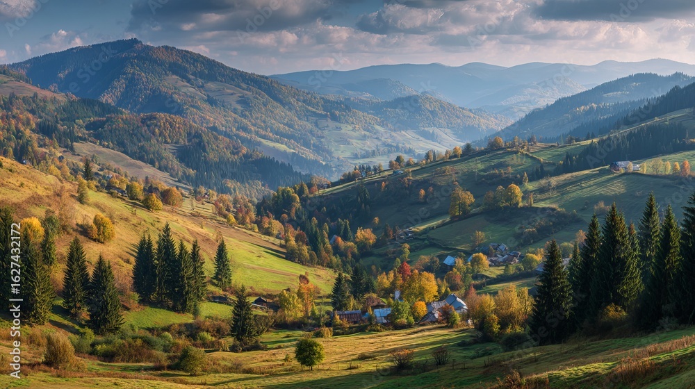 Obraz premium Scenic autumn panorama of borzhava mountains viewed from podobovets village with rolling agricultural fields and spruce forest in carpathian countryside