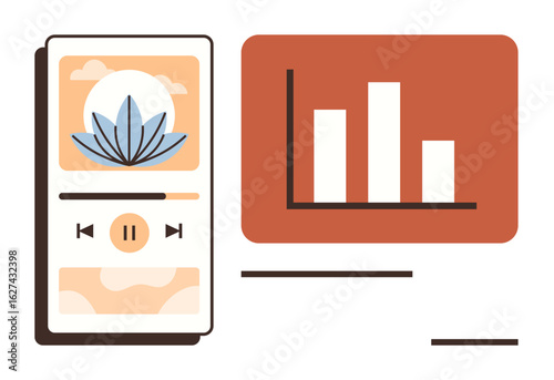 Smartphone meditation app with play controls and calm visuals alongside bar graph chart. Ideal for wellness, technology, analytics, mindfulness, apps, productivity, simple flat metaphor