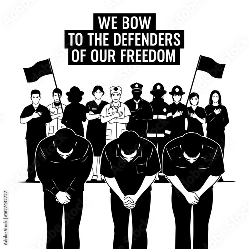 Bowing in tribute to the essential workers and defenders of our nation's freedom.