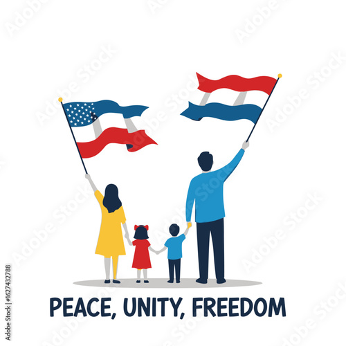 A family standing for peace, unity, and freedom while holding American and Dutch flags.