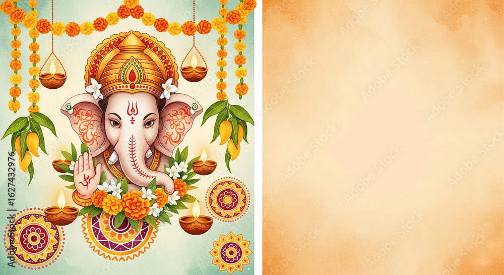 Fototapeta premium Lord Ganesha on a decorative background with marigold garlands, diyas, and rangoli, celebrating Indian festival Ganesh Chaturthi