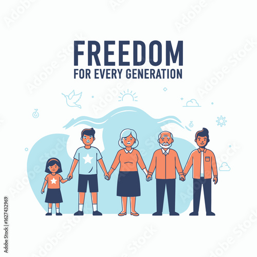 A multi-generational family holding hands, symbolizing freedom and unity for all ages.