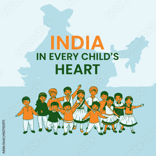A diverse group of smiling Indian children stand united in front of a map of India.