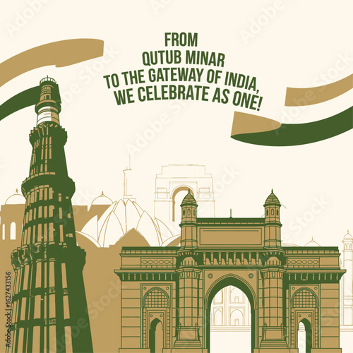 Patriotic collage of famous Indian monuments celebrating national unity and heritage.
