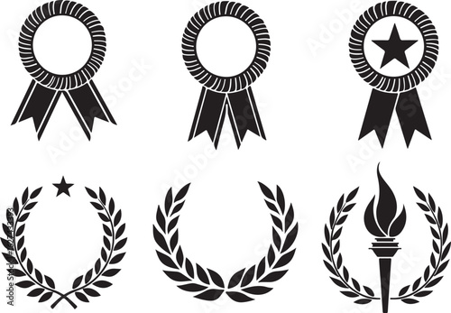 Award ribbons, laurel wreaths, and torch icons symbolizing achievement and victory