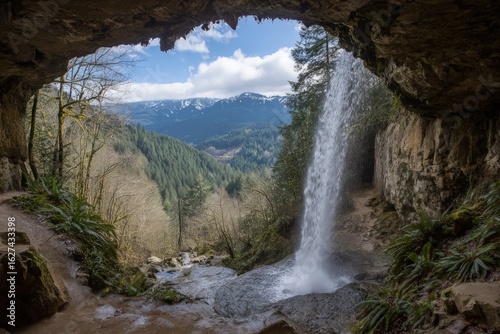 Hidden Waterfall View Through Cave Opening in Mountains