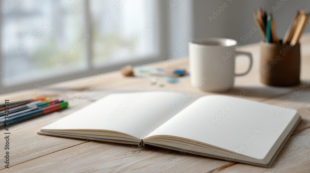 Naklejka premium notebook open clean on wooden table
