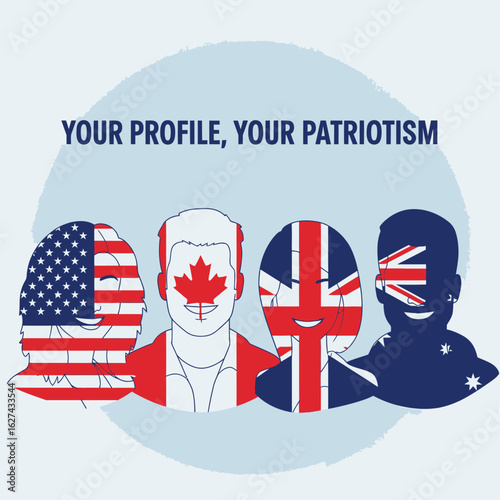 Patriotic profile concept with human silhouettes showing national flags of USA, UK, Canada, Australia.