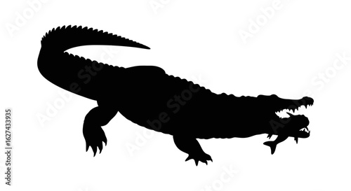 side profile silhouette of a crocodile capturing prey: powerful vector illustration isolated on transparent background