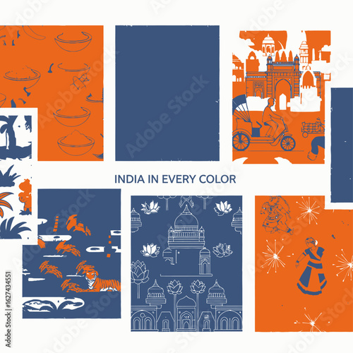 A vibrant graphic collage showcasing iconic symbols of Indian culture and travel