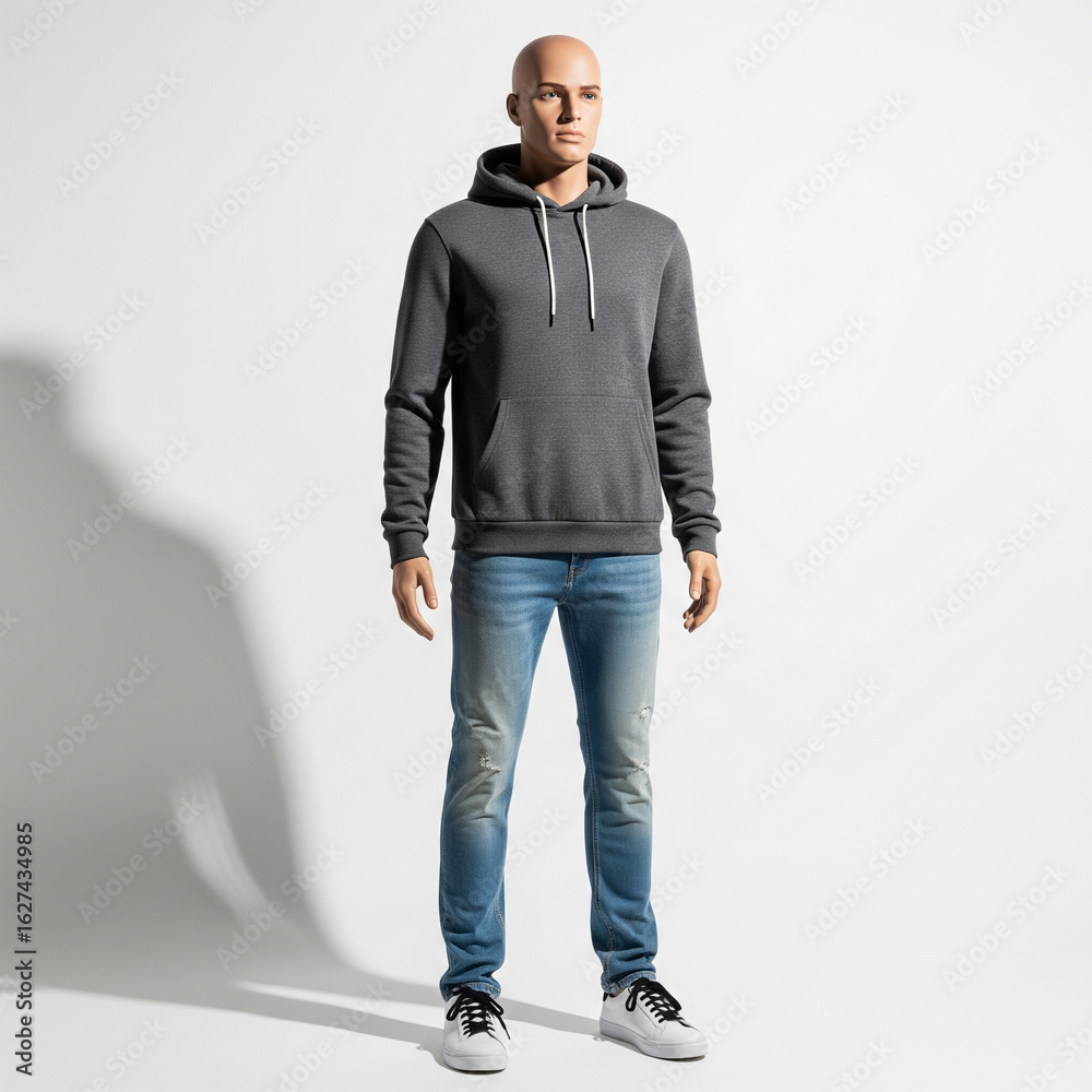 Fototapeta premium full-length male mannequin wearing grey hoodie and jeans.