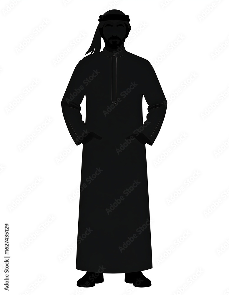A man in traditional Middle Eastern attire stands with hands in pockets, a simple silhouette against a white background A man in traditional Middle Eastern attire stands with hands in pockets, a simple silhouette against a white background