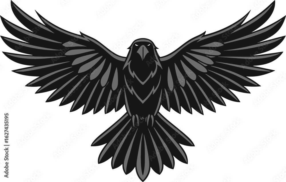 Obraz premium Black and grey illustration of a flying raven crow