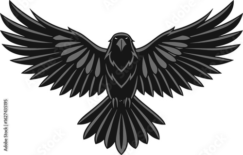 Black and grey illustration of a flying raven crow