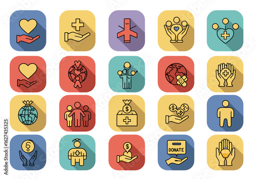 A colorful set of charity and donation flat icons with long shadows, symbolizing volunteer work, philanthropy, and community support.