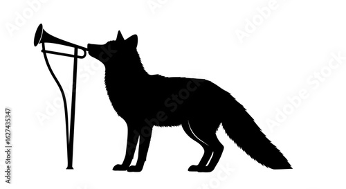 profile silhouette of a fox gently touching a trumpet, isolated on a transparent background: a stylish vector illustration for music, wildlife, and fable designs.
