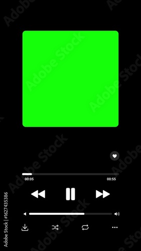 60 seconds music player UI animation with a black background and a smooth progress bar. The interface features a green screen thumbnail frame, simulating a media playback screen.