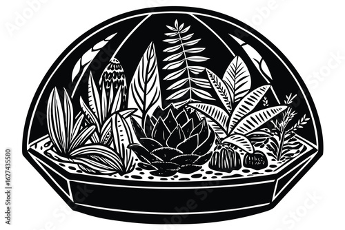 A detailed linocut style illustration of a lush terrarium with various plants succulents foliage