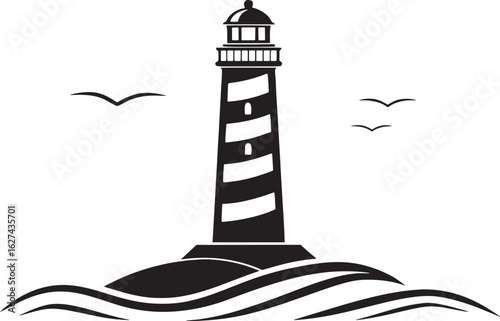 Black and white lighthouse on waves with seagulls ocean