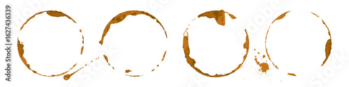 Coffee cup stains set. Brown circular coffee rings and splashes on white background. Realistic beverage marks collection for design, cafe menu decoration. Vector illustration.