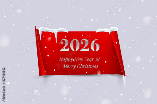 2026 Happy New Year greeting card vector illustration. Festive Christmas social media banner. Silver text on red sticker with curved edges isolated on snowfall backdrop.