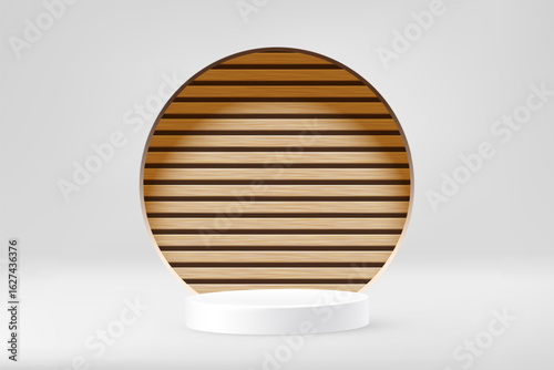 White round podium with wooden arch background. Product display stand. Cosmetic showcase pedestal, platform, stage for product presentation. 3d realistic vector illustration.