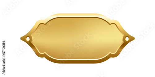 Blank golden nameplate plaque with decorative edges and screw holes. Empty metallic label for engraving, signage, awards, door signs. Realistic vector illustration.