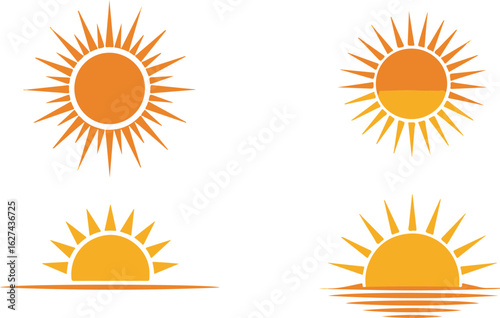 Four Orange Sun Graphics Including Full Suns and Horizon Setups icon symbol