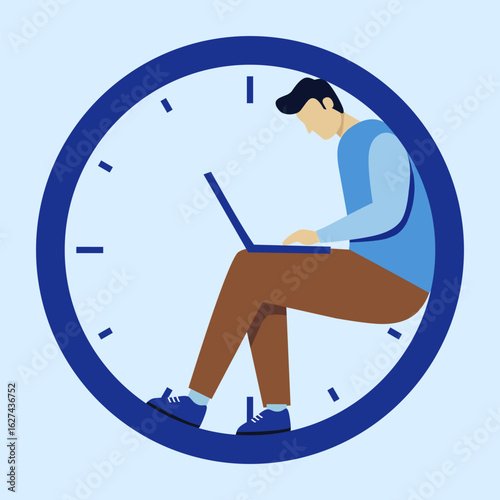 Person Sitting Inside Clock Working on Laptop, Time Management Concept