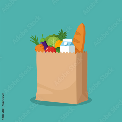 Paper Bag Filled with Colorful Groceries on Teal Background
