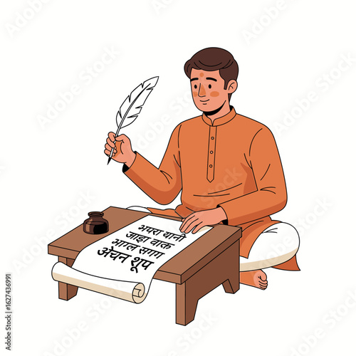 A traditional Indian writer or poet in a kurta, sitting and writing on a scroll with a quill pen, a concept of history and literature.