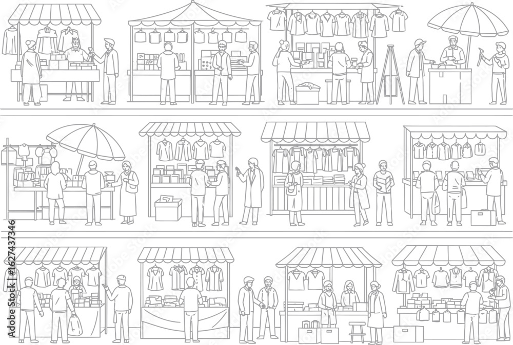 Fototapeta premium Detailed black and white sketch of a bustling medieval market scene with many stalls and people