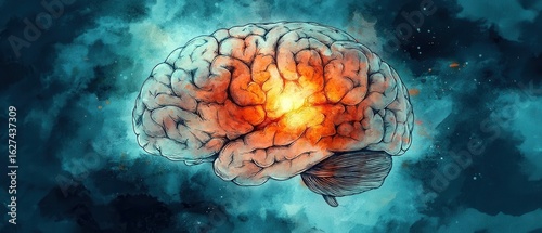 High Quality Watercolor Painting of a Brain with Oxygen Deprivation Effects in Vibrant Colors and Abstract Background