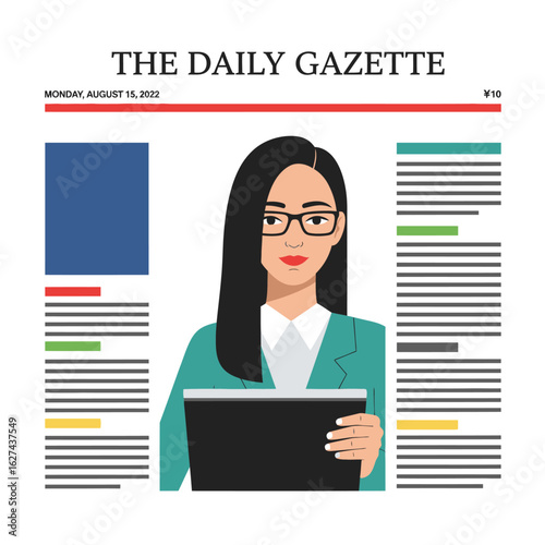 A professional businesswoman or journalist with a tablet against a newspaper layout background. Vector illustration for media and press concepts.