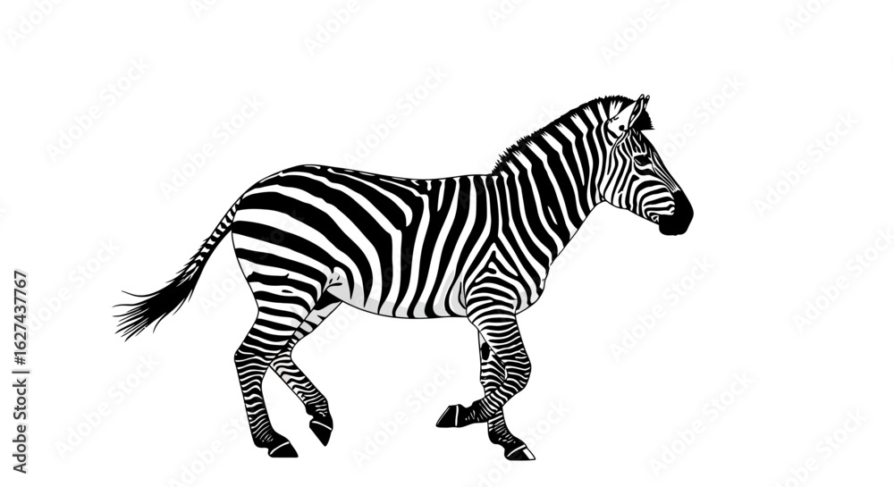 Naklejka premium side profile of a stripey zebra in motion, isolated on transparent background: a bold black and white vector illustration perfect for design projects