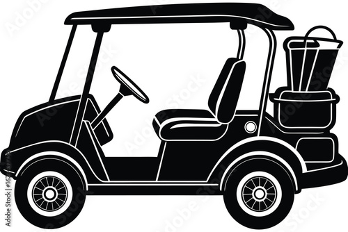 Black golf cart with golf bag and clubs silhouette