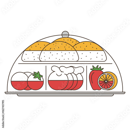 Line art illustration of a gourmet food platter featuring Polish pastries, fresh fruit, and baked buns under a glass cloche.