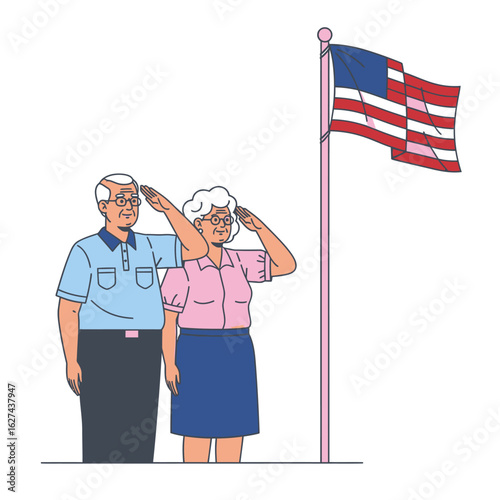 Patriotic senior couple saluting the American flag. Elderly man and woman honoring their country on a national holiday.
